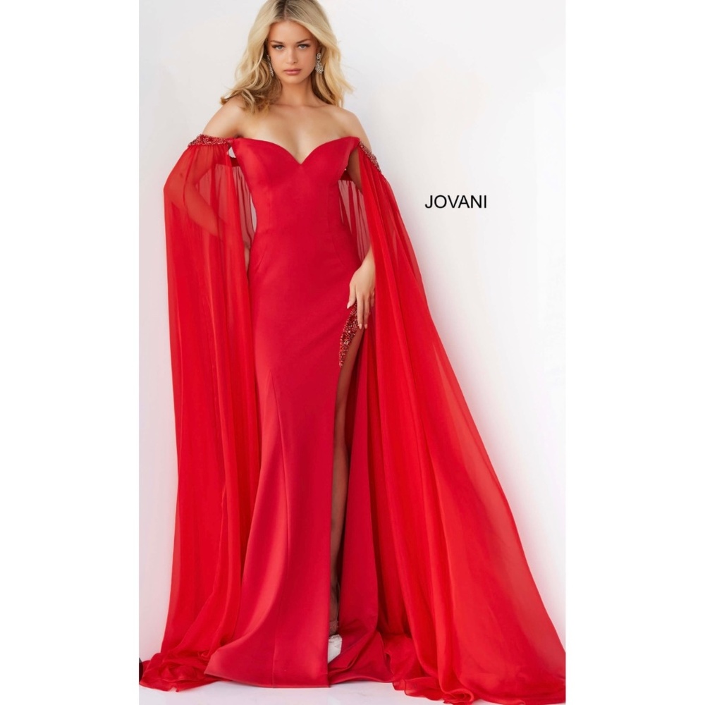 Jovani 07652 MAKE AN OFFER red pageant prom cape dress